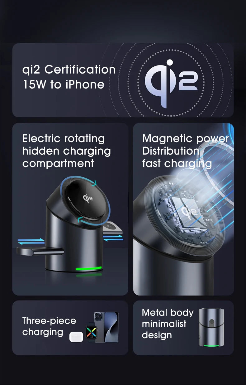 New Smart Qi2 3 In 1 Magsafe Magnetic Wireless Charger For Android iPhone iWatch Airpods Induction Fast Charging Dock Station