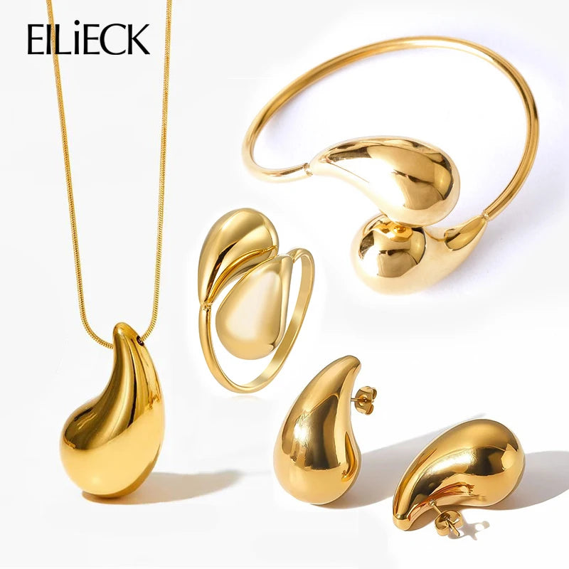 EILIECK 316L Stainless Steel Gold Color Waterdrop Necklace Bracelet Earrings Ring For Women New Droplets Jewelry 4-PCS Set Gift