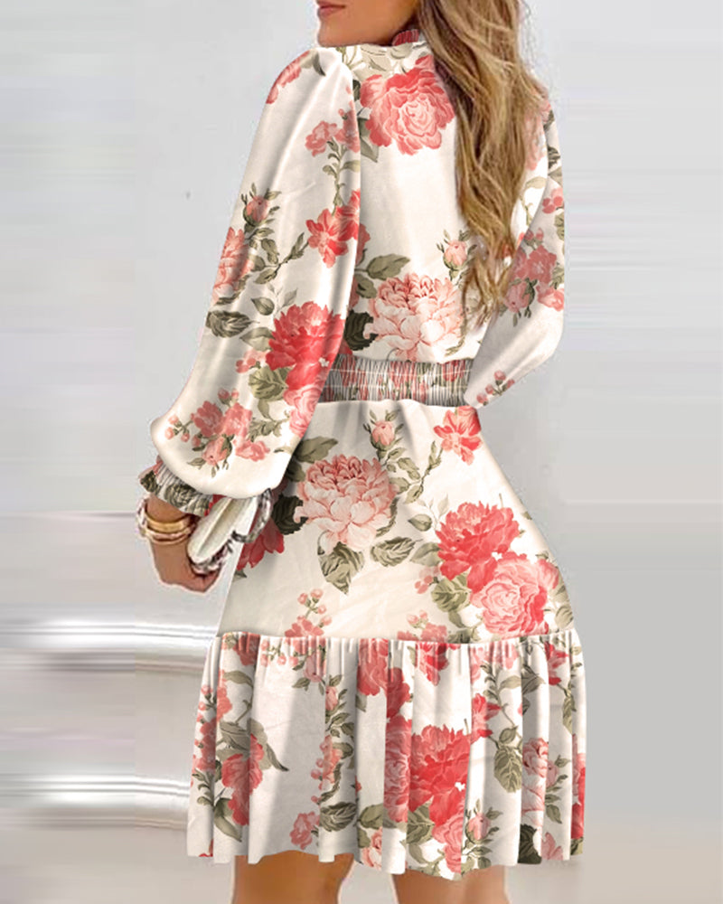 Autumn Women Floral Print Shirred Ruffle Dress