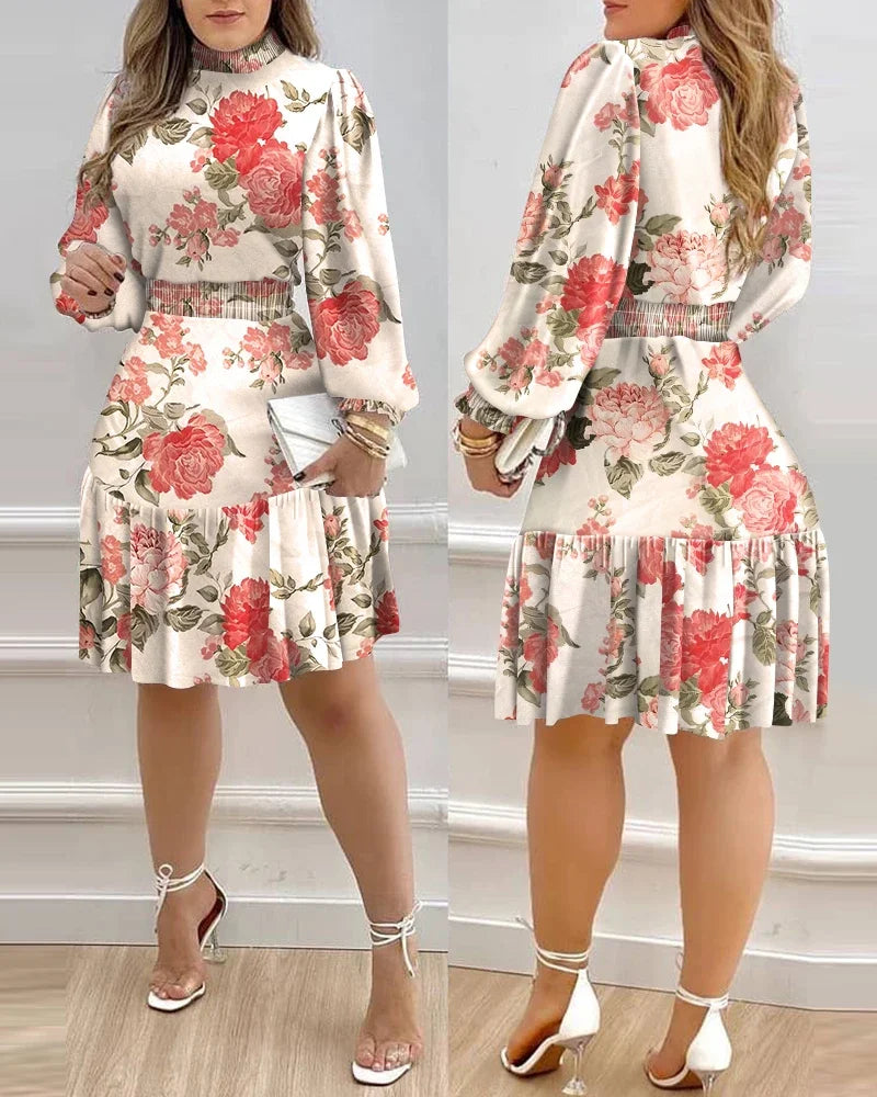 Autumn Women Floral Print Shirred Ruffle Dress