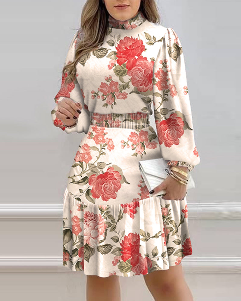 Autumn Women Floral Print Shirred Ruffle Dress